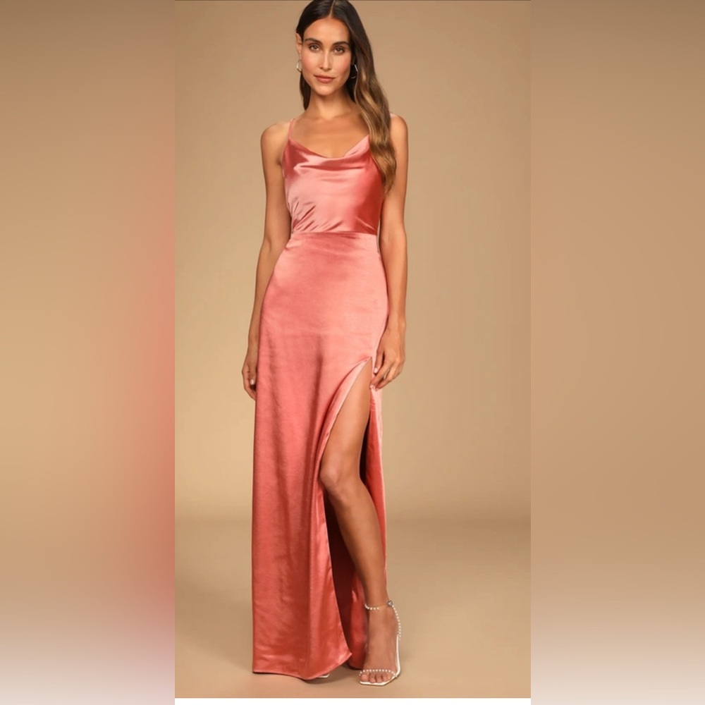 See The Sunrise Rusty Rose Satin Sleeveless Cowl Neck Maxi Dress